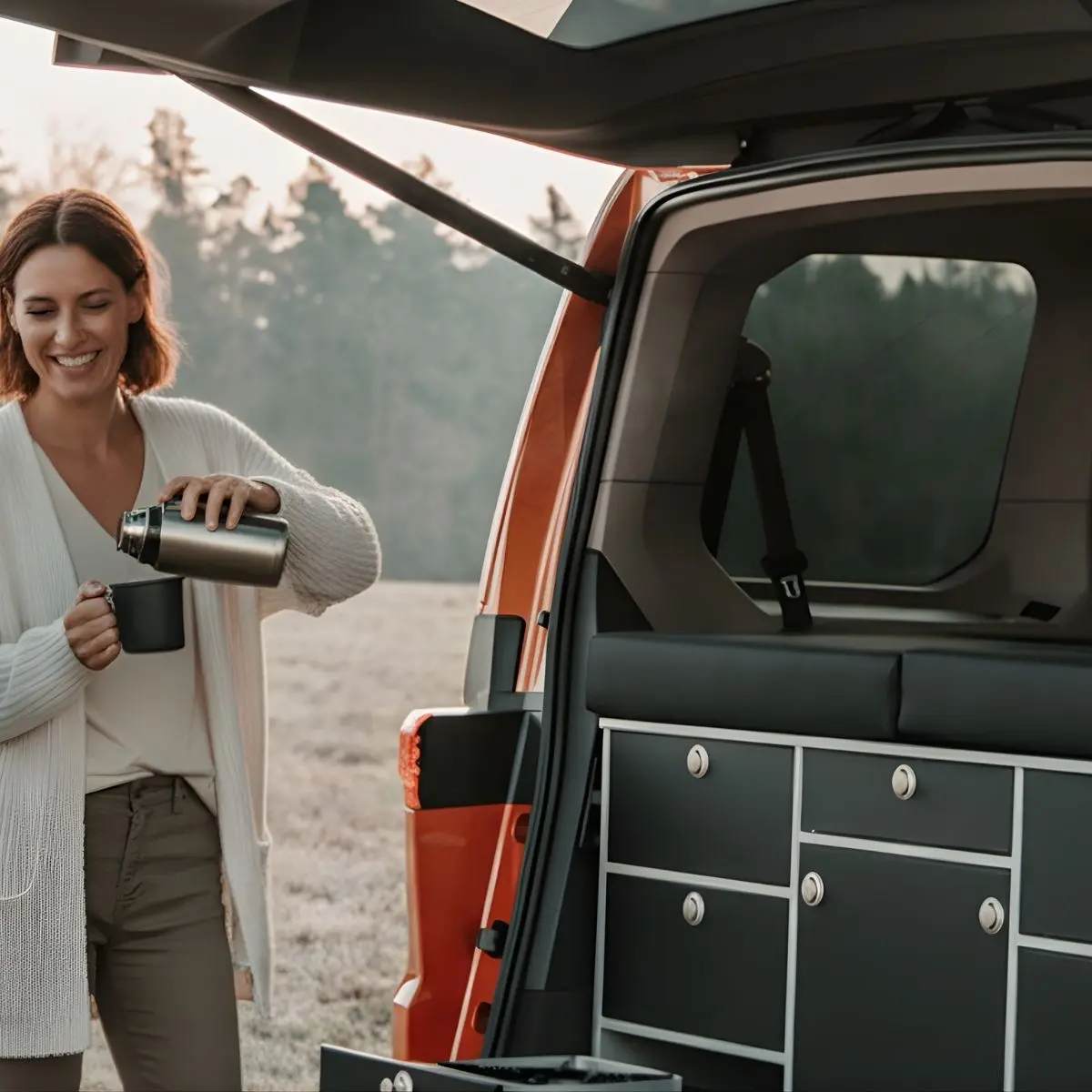 chica sonriente tomándose un café mañanero fuera de su camper